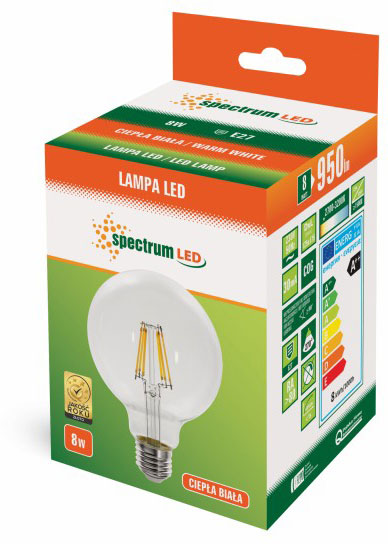 SPECTRUMLED 13868 Żarówka LED GLOB G125 E-27 230V 8W COG WW CLEAR SPECTRUM
