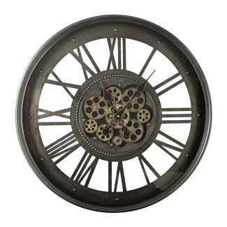 EUROFIRANY 423337 Duży dekoracyjny zegar ścienny z rzymskimi cyframi i ruchomymi kołami zębatymi w stylu industrialnym