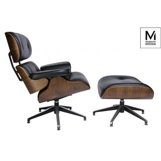 Modesto Design T044.BLACK.PU.SET MODESTO fotel LOUNGE z podnóżkiem czarny - sklejka orzech, skóra ekologiczna