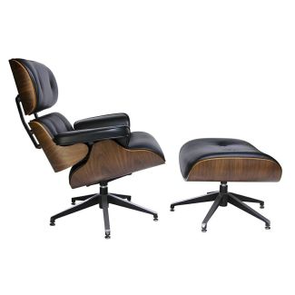 Modesto Design KH1501100142 MODESTO fotel LOUNGE z podnóżkiem czarny - sklejka orzech, skóra ekologiczna