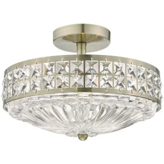 DAR OLO5375 OLONA 3LT SEMI FLUSH ANT BRASS AND CLEAR CRYSTAL