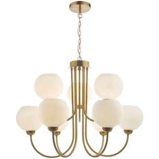 DAR IND1335 INDRA 9LT PENDANT NATURAL BRASS CW OPAL GLASS