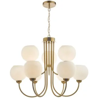 DAR IND1335 INDRA 9LT PENDANT NATURAL BRASS CW OPAL GLASS