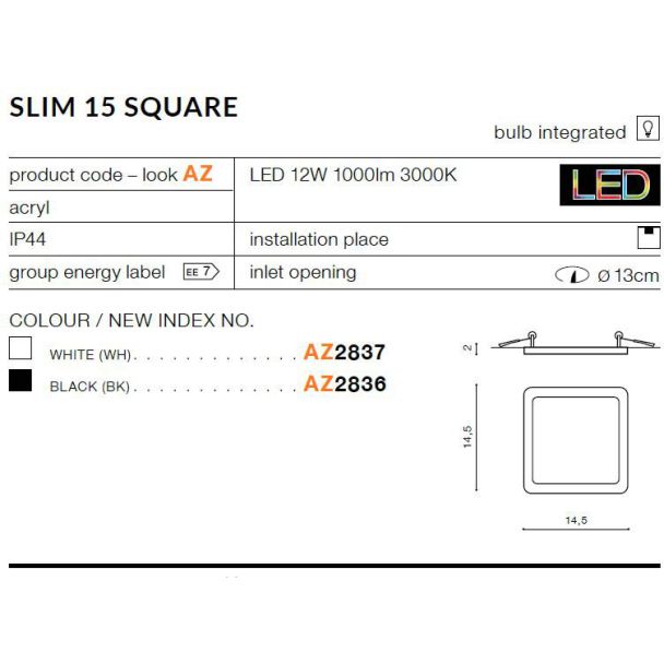 AZZARDO AZ2837 Slim 15 Square 3000K IP44 (white)
