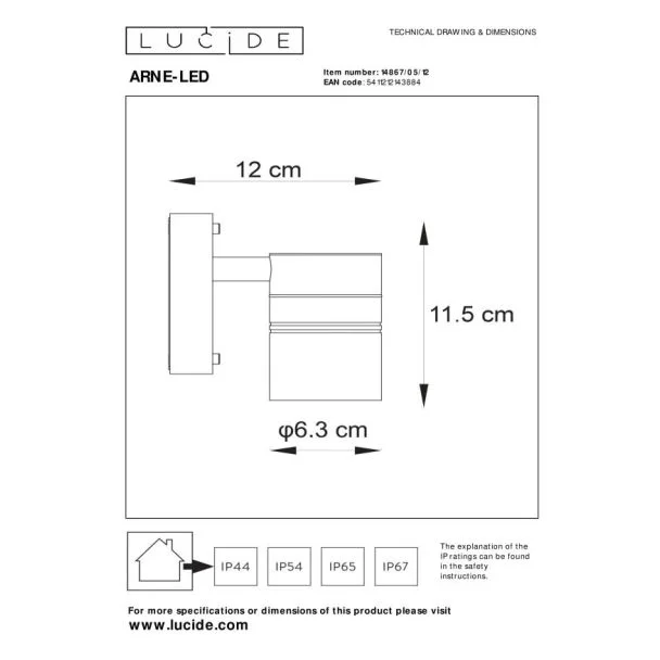 LUCIDE ARNE-LED 14867/05/12 LAMPA ŚCIENNA - ZEWNĘTRZNA