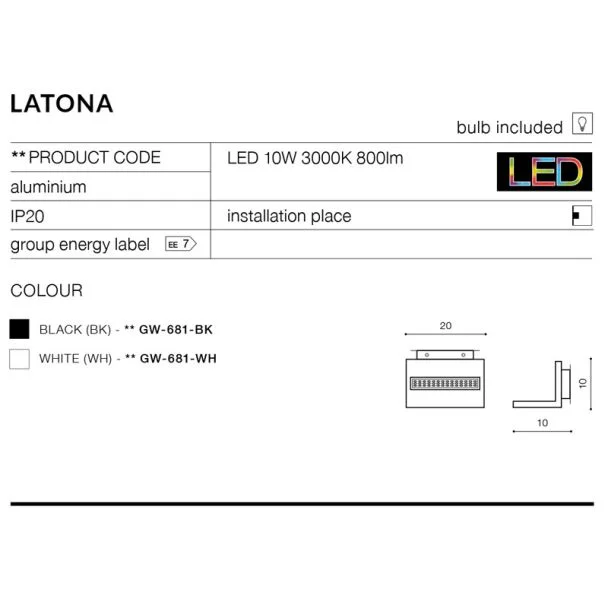 AZZARDO GW-681-BK / AZ2204 Latona (black) Lampa ścienna / kinkiet