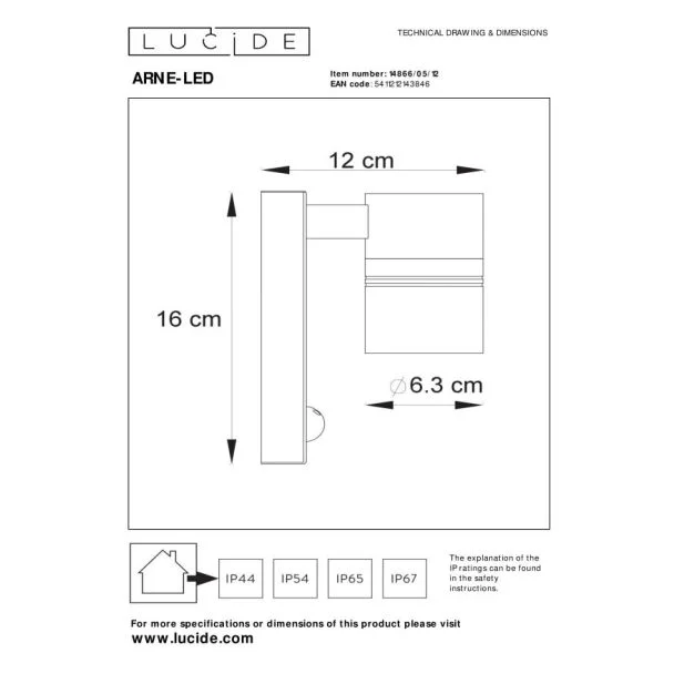 LUCIDE ARNE-LED 14866/05/12 LAMPA ŚCIENNA - ZEWNĘTRZNA