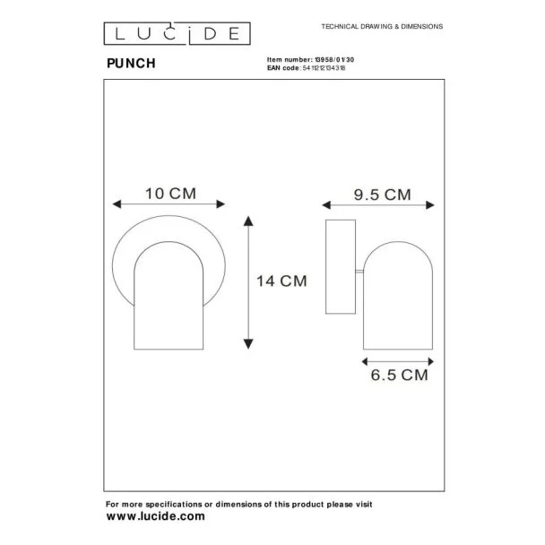 LUCIDE 13958/01/30 LAMPA ŚCIENNA REFLEKTOR PUNCH