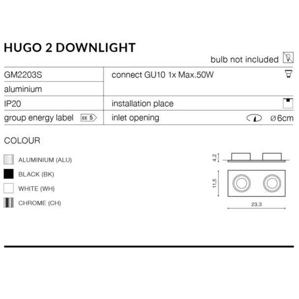 AZZARDO GM2203-ALU / AZ1737 Hugo 2 downlight (aluminium) reflector not included Lampa wpuszczane