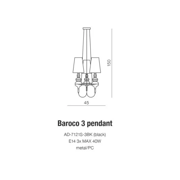 AZZARDO AD-7121S-3-BK / AZ2163 Baroco 3 pendant (black) Żyrandol