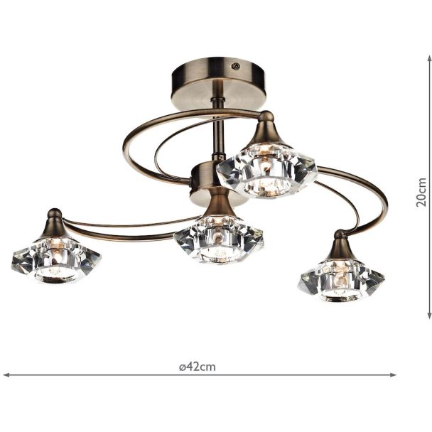 DAR LUT0475 LUTHER 4LT SEMI FLUSH CW CRYSTAL GLASS ANT BRA