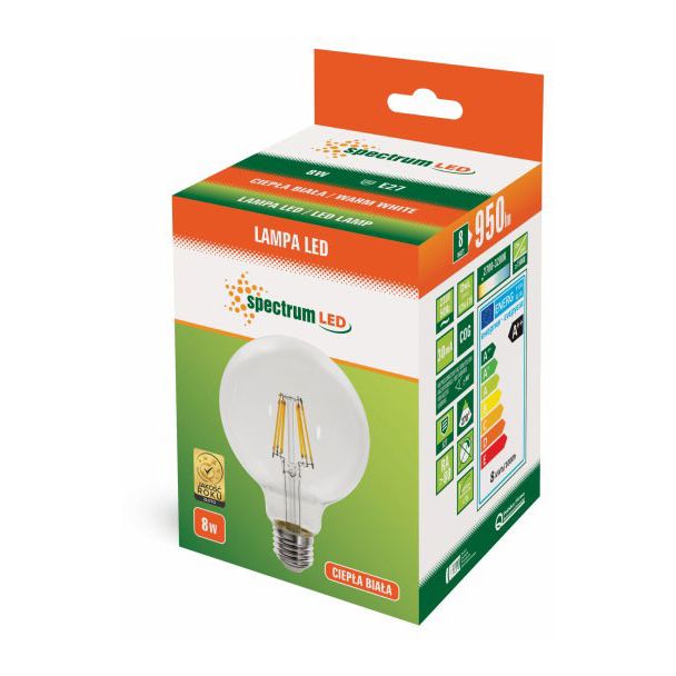 SPECTRUMLED 13868 Żarówka LED GLOB G125 E-27 230V 8W COG WW CLEAR SPECTRUM