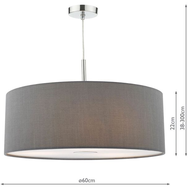 DAR RON1739 RONDA 3LT PENDANT 60CM DRUM GREY FAUX SILK