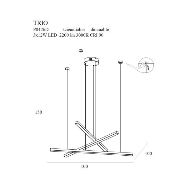 MAXLIGHT P0426D LAMPA WISZĄCA TRIO 3 ZŁOTA ŚCIEMNIALNA
