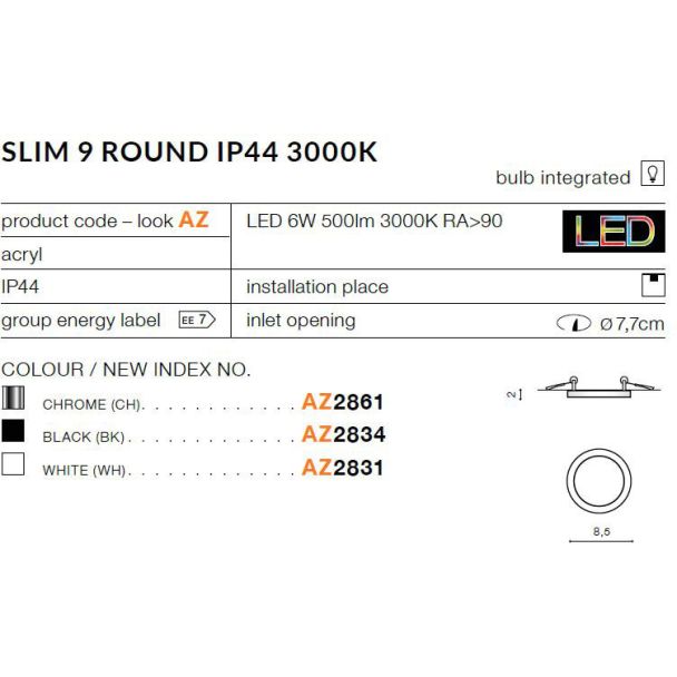 AZZARDO AZ2861 Slim 9 Round 3000K IP44 (chrome)