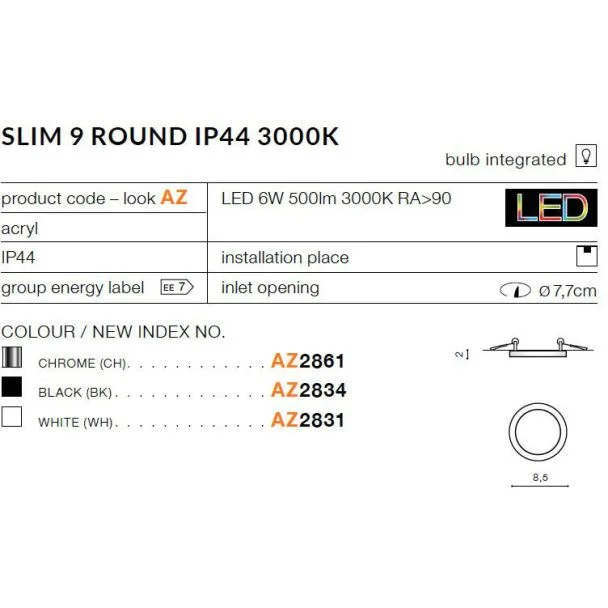 AZZARDO AZ2861 Slim 9 Round 3000K IP44 (chrome)