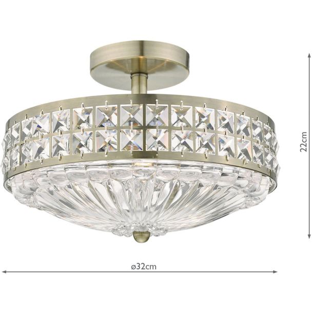 DAR OLO5375 OLONA 3LT SEMI FLUSH ANT BRASS AND CLEAR CRYSTAL