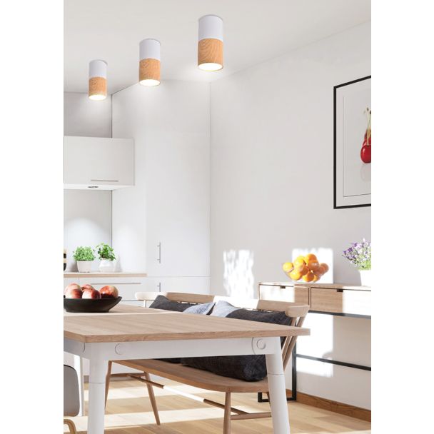CANDELLUX 2273655 LAMPA SUFITOWA TUBA 1X50W GU10 DREWNIANY+BIAŁY ŚR. 5,8 CM