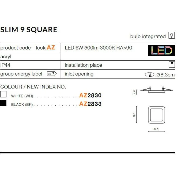 AZZARDO AZ2830 Slim 9 Square 3000K IP44 (white)