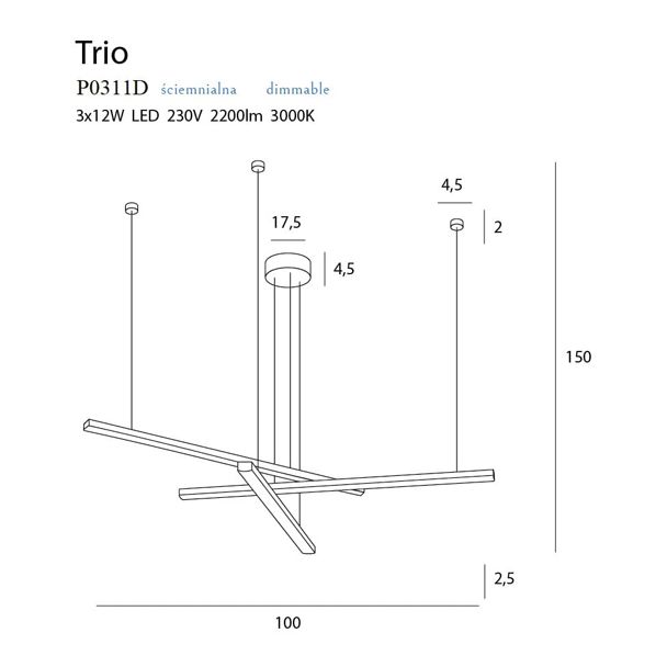 Maxlight Trio P0311D Lampa Wisząca Ściemnialna Czarna