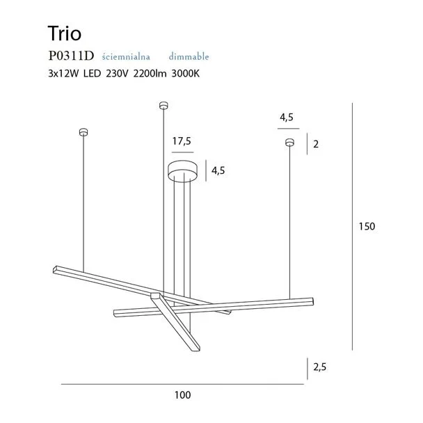 Maxlight Trio P0311D Lampa Wisząca Ściemnialna Czarna